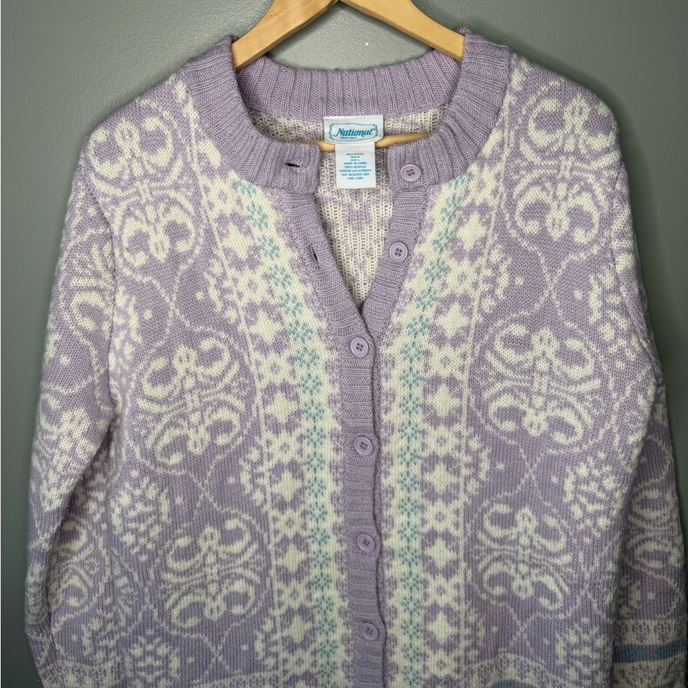National Vintage 90s Pastel Lavender Fair Isle Cardigan - Picture 4 of 9
